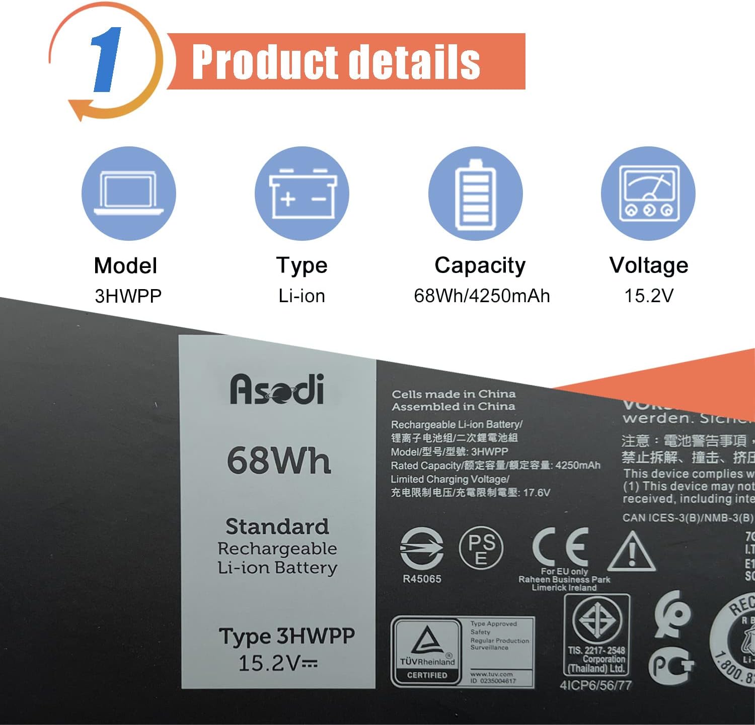 ASODI 3HWPP – Batería para portátil de 68 Wh, compatible con Dell Latitude 5401 5410 5411 5501 5510 5511 Precision 3541 3551 Inspiron 17 7500 7506