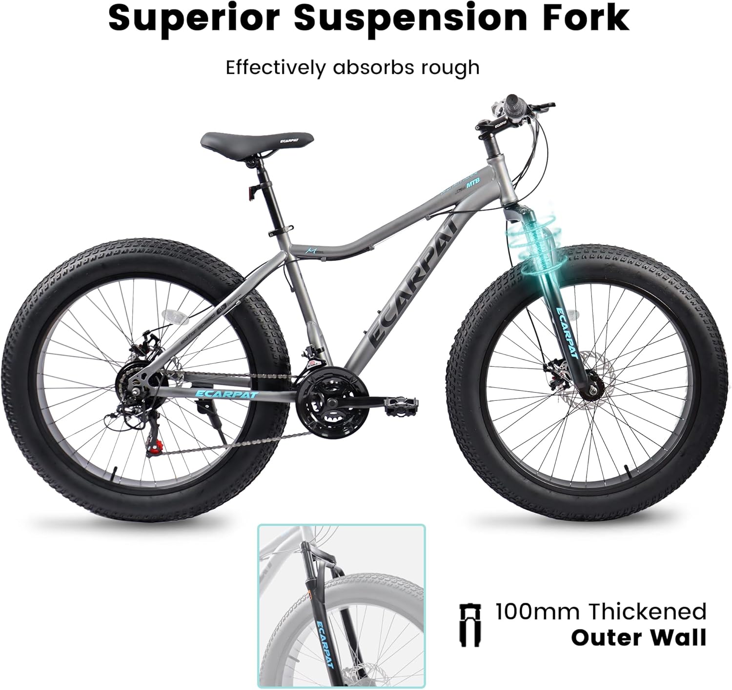 Ecarpat – Bicicletas de montaña con neumáticos gruesos de 202426 pulgadas, 7 velocidades, con frenos de disco mecánicos, suspensión delantera, para