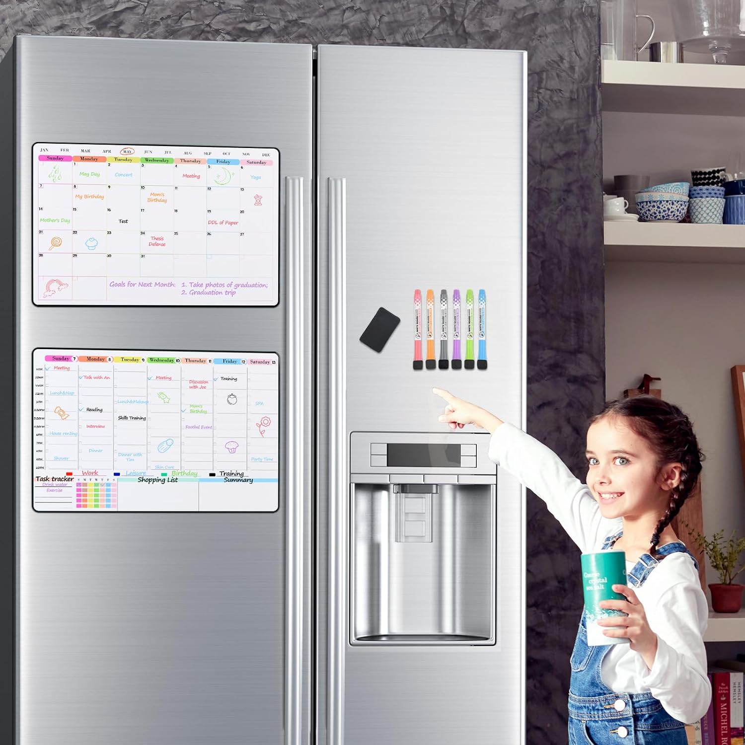 POPRUN Dry Erase Calendar weekly and monthly self adhesive stick on non-magnetic stainless fridge & Glass & Wall & wooden (any smooth surface)