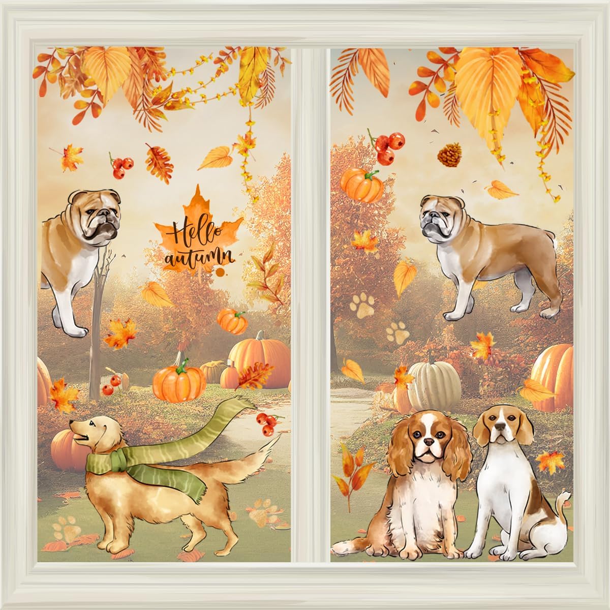 Calcomanías para ventana de otoño, Acción de Gracias, hojas de arce de otoño, hojas de arce, calcomanías de ventana de perros de cosecha de doble