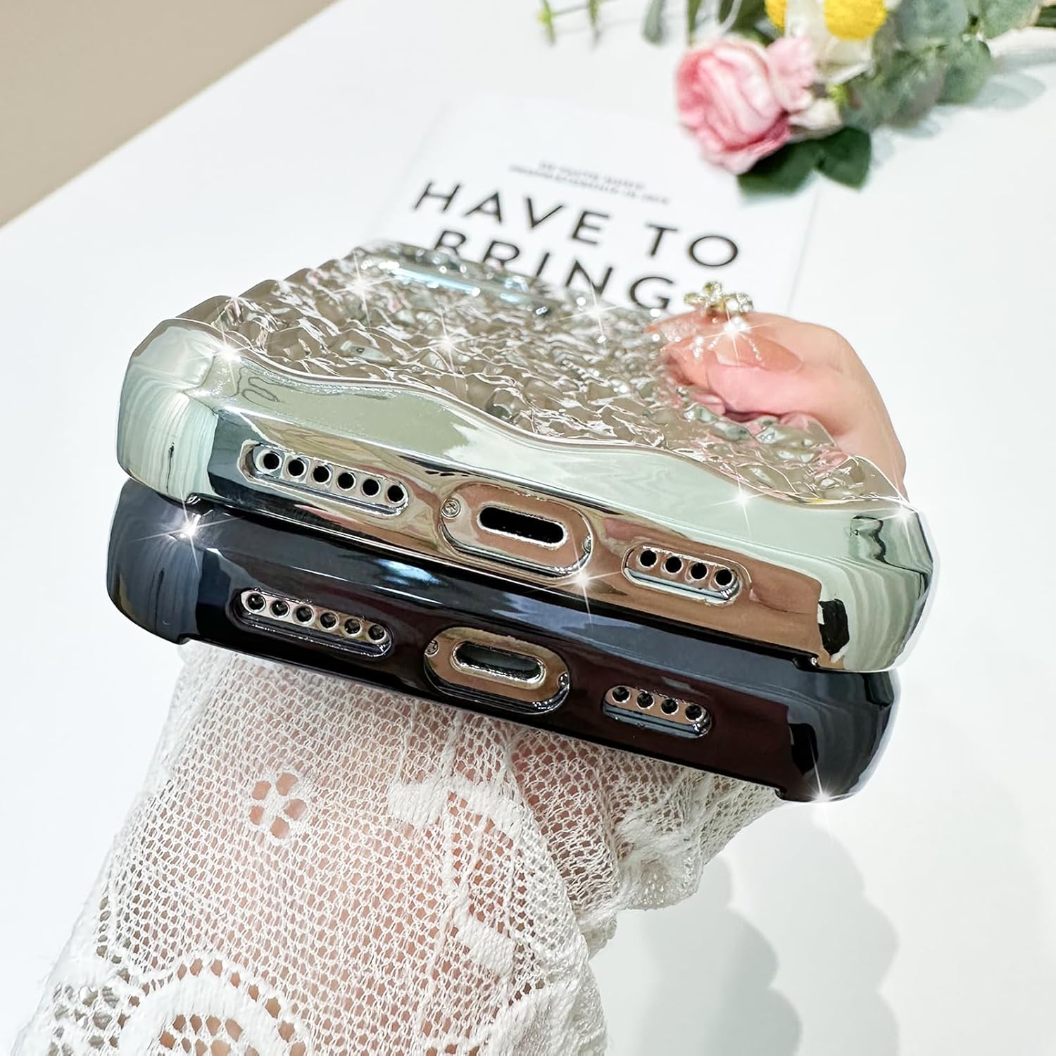 MZELQ Funda para iPhone 14 Pro Max, diseño de lujo, diseño de lámina, plisada, elegante, ondulada, para niñas y mujeres, galvanoplastia de