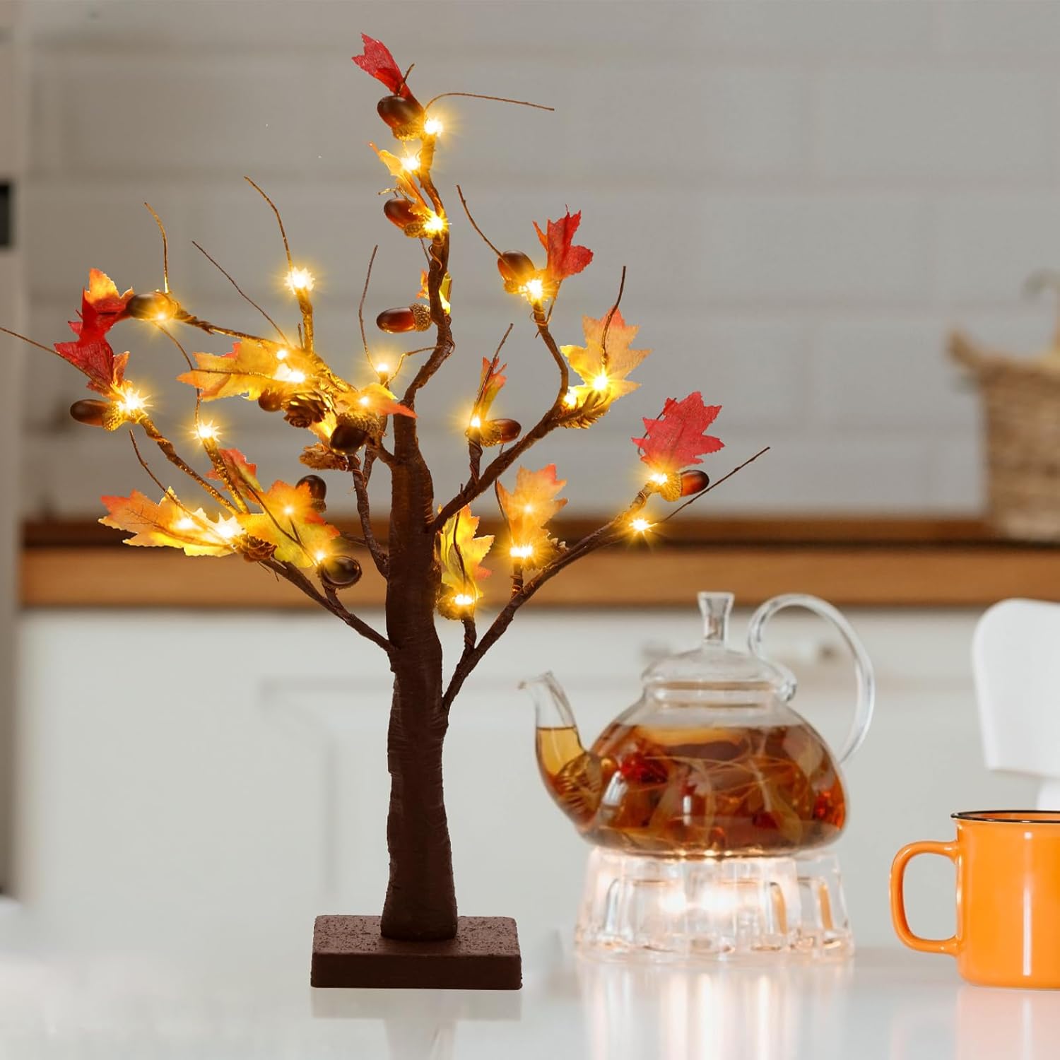 Capoda Árbol de Acción de Gracias para decoración de mesa de Acción de Gracias, árbol de arce iluminado de 24 pulgadas con 18 piezas de adornos