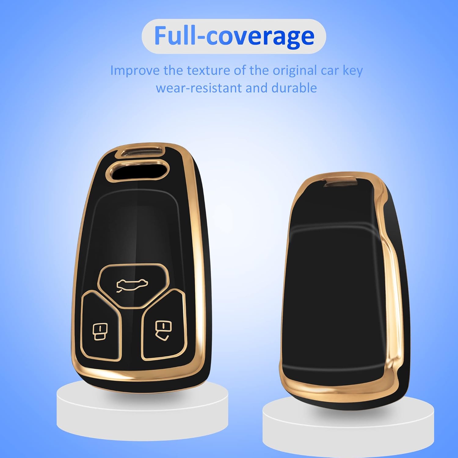 YHC Funda para llavero Audi, funda de llave de coche premium con llavero de moda compatible con Audi A4 Q7 Q5 TT A3 A6 SQ5 R8 S5 dorado