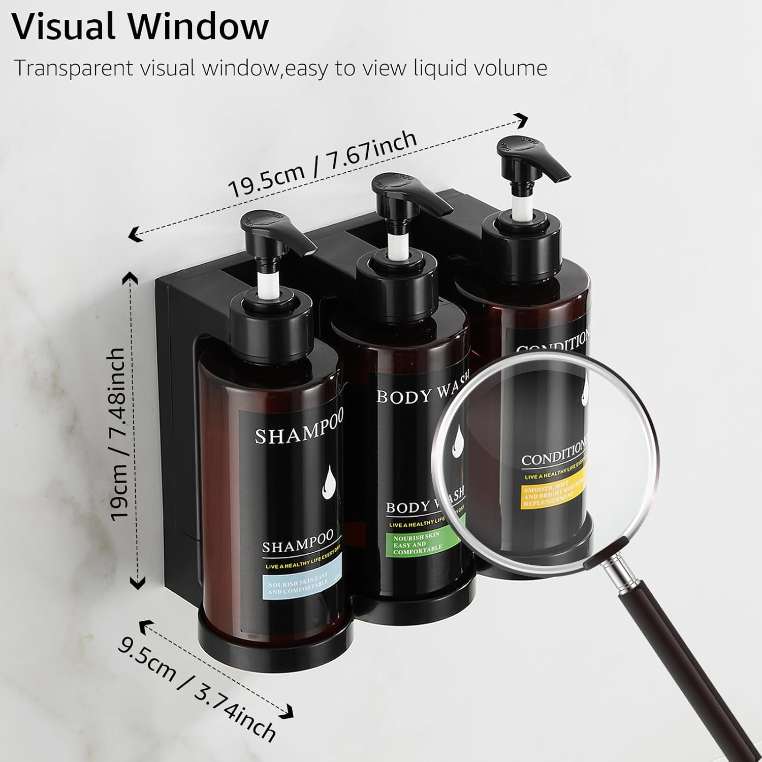 Dispensador de champú y acondicionador, dispensador de jabón de ducha, sin taladro, 3 cámaras, dispensador de champú para montar en la pared con