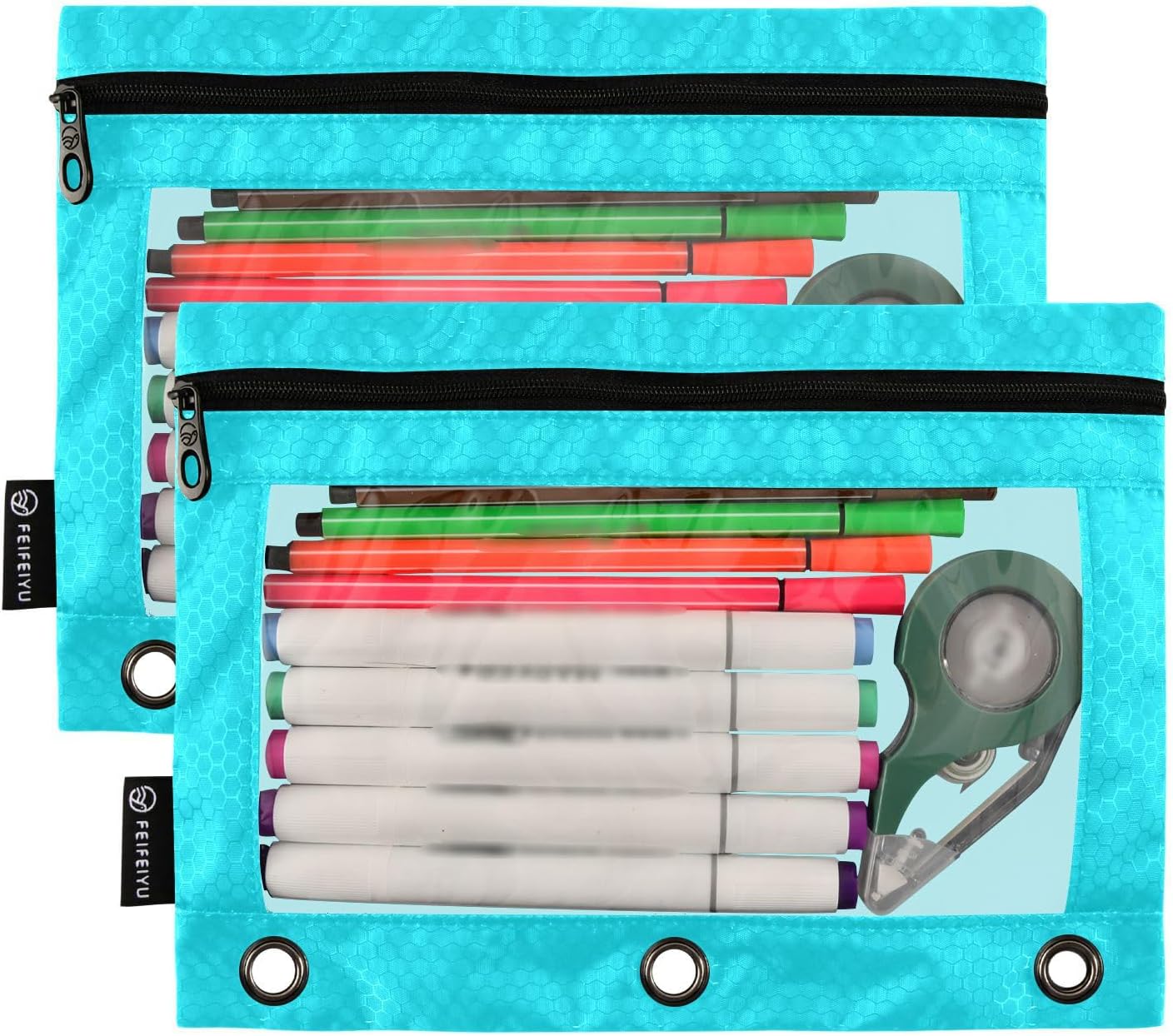Estuche para lápices de 3 anillas, color verde azulado brillante, con cremallera, bolsas transparentes para carpetas de ventana para oficina diaria,