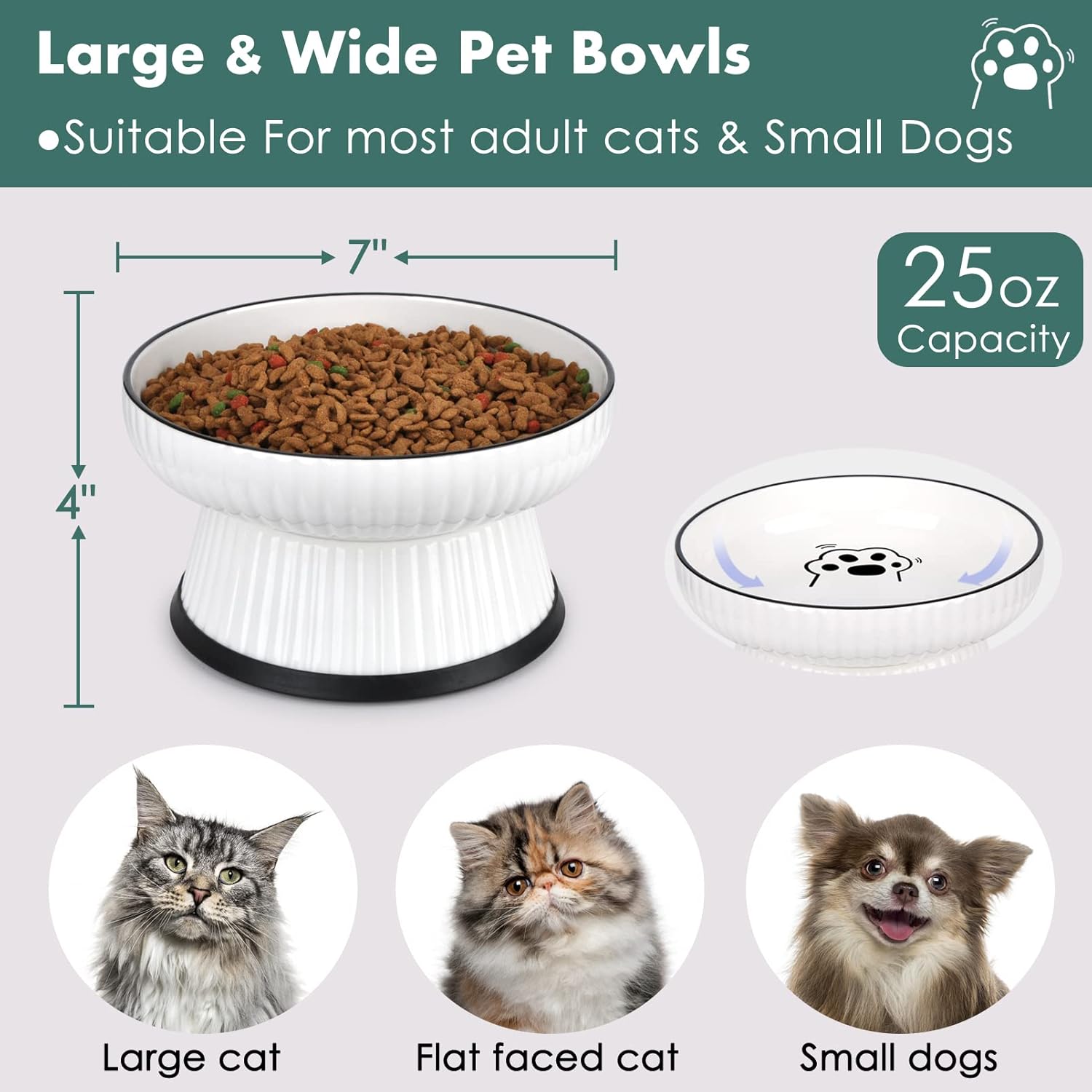 Cuenco elevado de cerámica grande para gatos, cuenco de agua elevado para gatos poco profundos con tira antideslizante para gatos y perros pequeños,