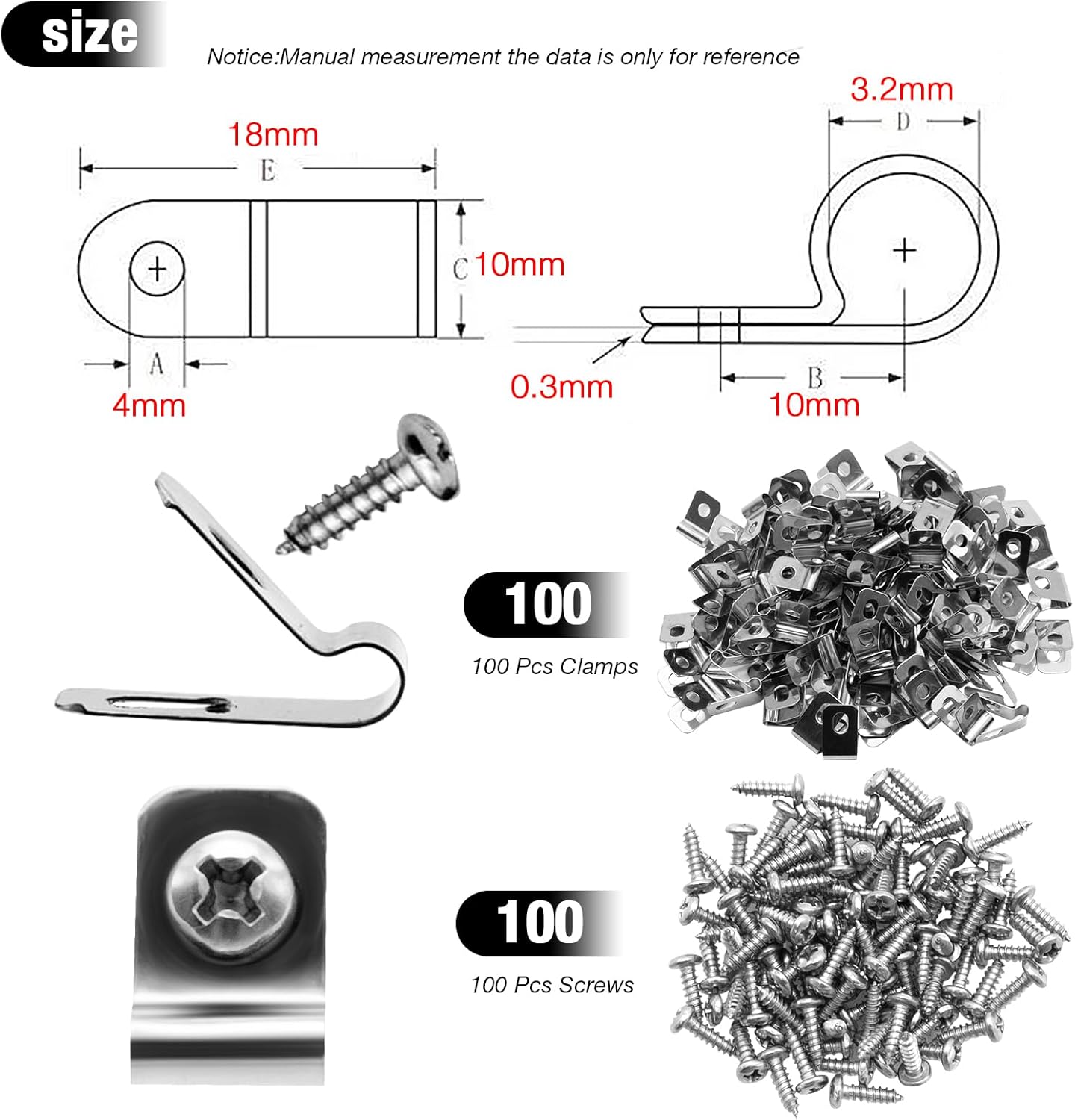 100 clips para valla de alambre con tornillos, clips de montaje de valla de acero inoxidable, clips de panel de ganado de 0.126 in de diámetro,