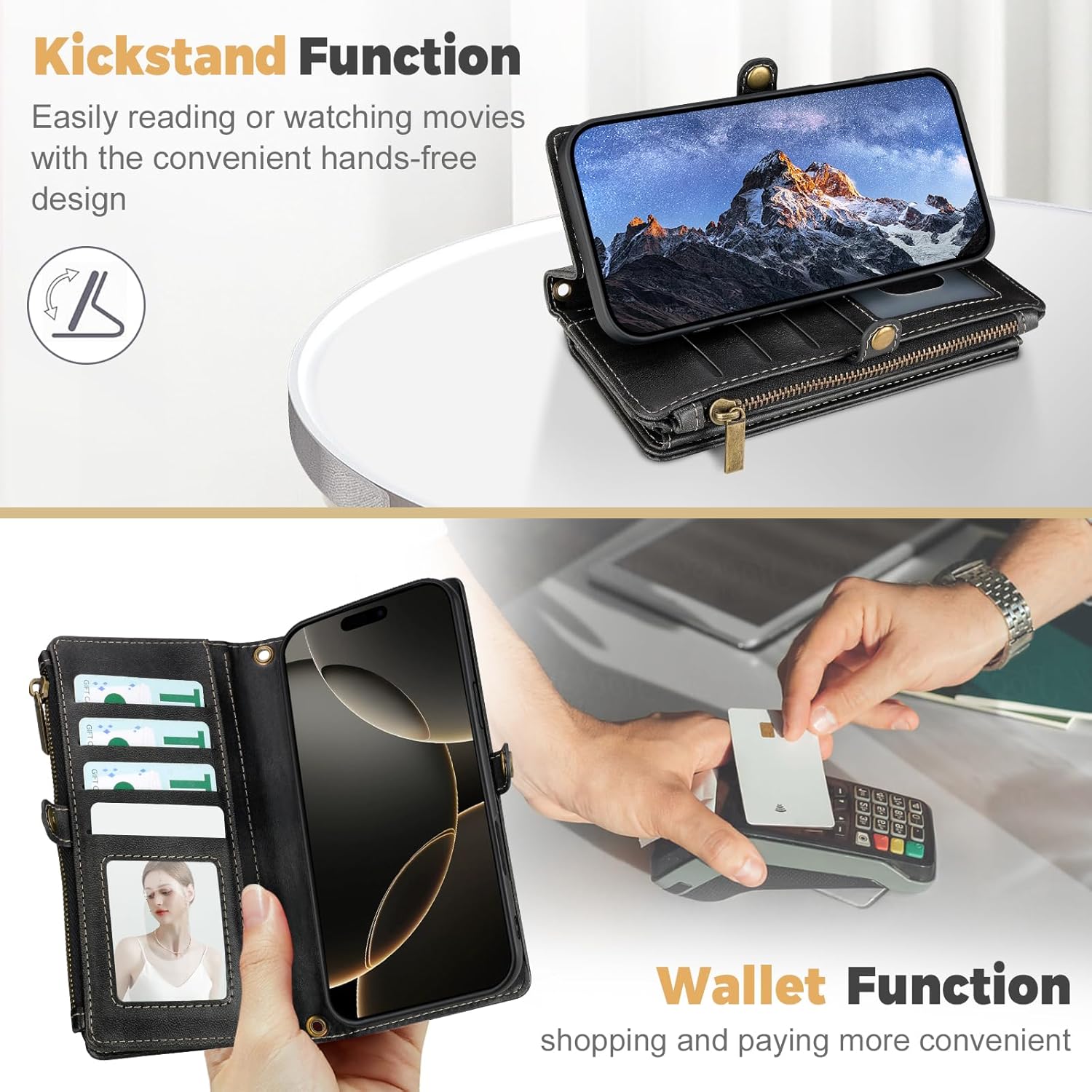 Funda tipo cartera compatible con iPhone 12 Pro Max, funda de piel sintética con bloqueo RFID, funda para teléfono para mujeres y hombres, con