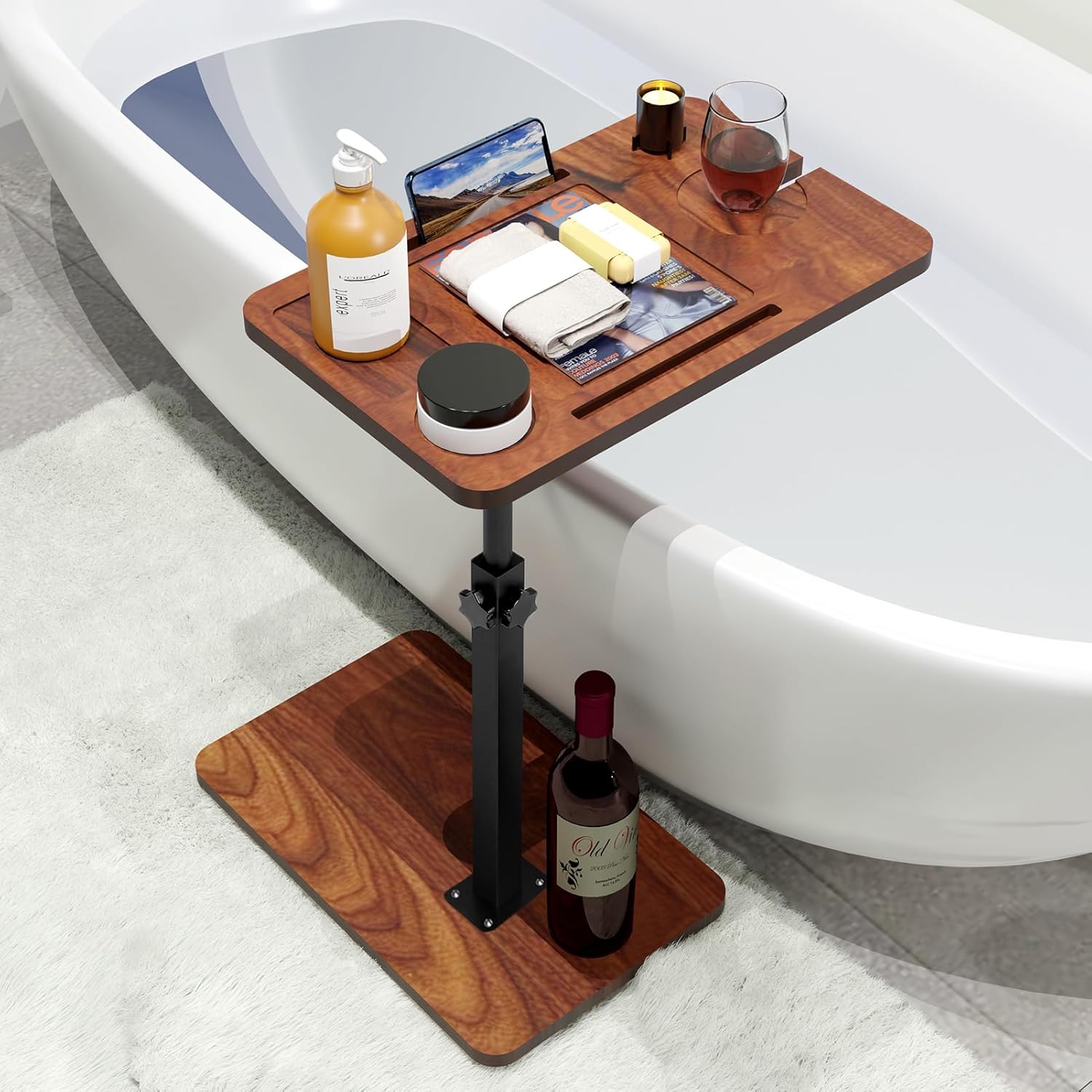 Bandeja de bañera con altura ajustable, bandeja de baño independiente con estante de lectura, soporte para tableta, bandeja para teléfono celular y