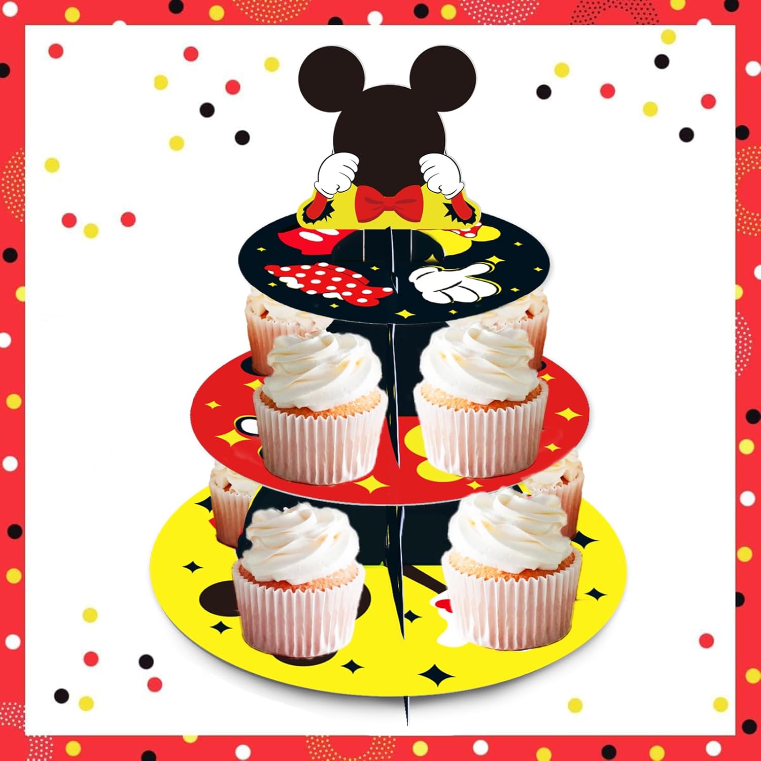 Soporte para cupcakes de Mickey Mouse de 3 niveles, suministros de fiesta de cumpleaños de Mickey Mouse, decoraciones de Mickey Mouse, suministros