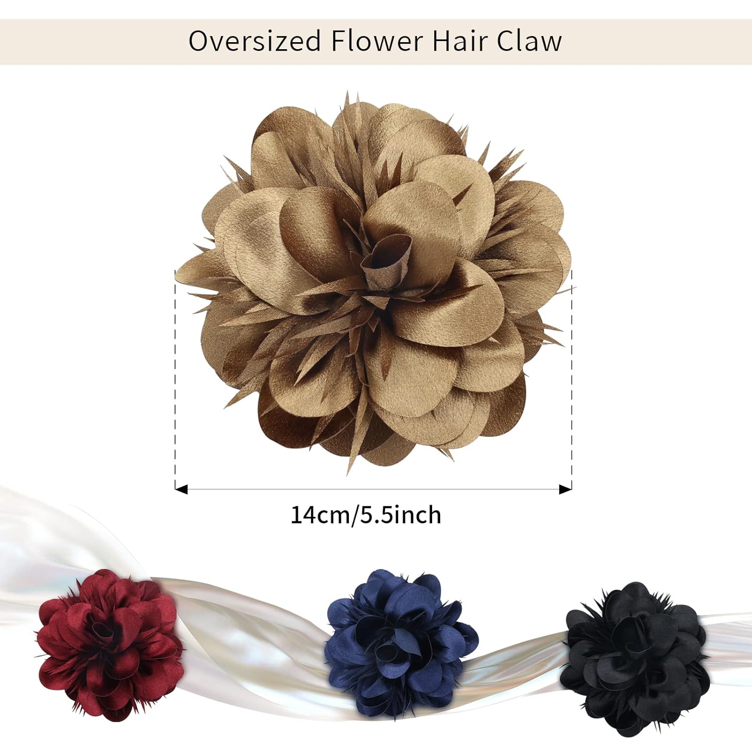 Paquete de 4 pinzas de plástico para el cabello con flores de satén grandes, pasadores, mandíbulas, abrazaderas, soportes para moño, accesorios para