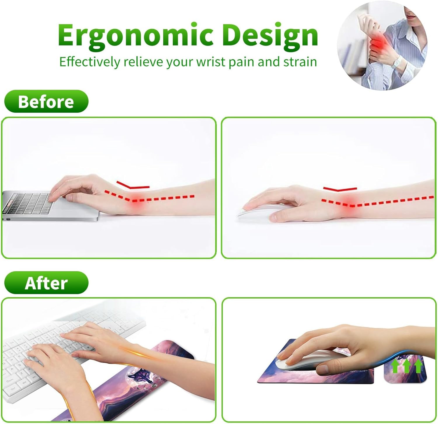 Almohadilla de teclado con soporte de muñeca con posavasos para mujeres y hombres, reposabrazos para escritorio con espuma viscoelástica de gel para
