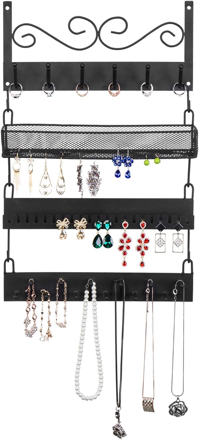 MyGift Organizador de joyas colgante de metal negro de 4 niveles con 18 ganchos, soporte para aretes y collar, estante de exhibición de pulseras,