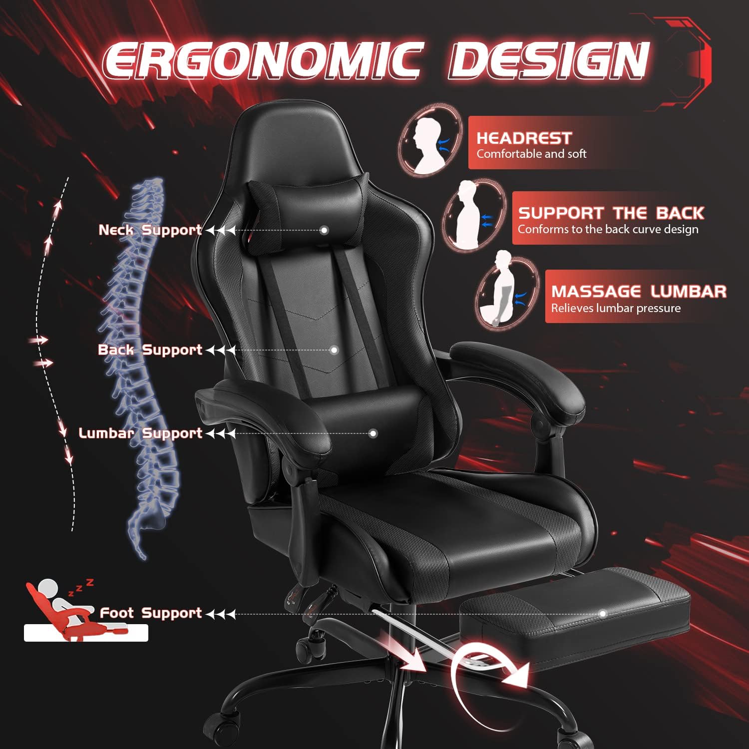 Shahoo Silla de juegos con reposapiés y soporte lumbar de masaje, asiento de carreras de video ajustable en altura con giro de 360 y reposacabezas