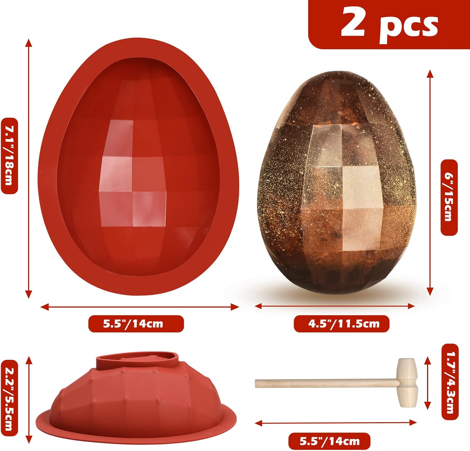 Webake Moldes de silicona para chocolate con diamante, grandes moldes de chocolate con huevo rompible en 3D con 1 martillo para Pascua