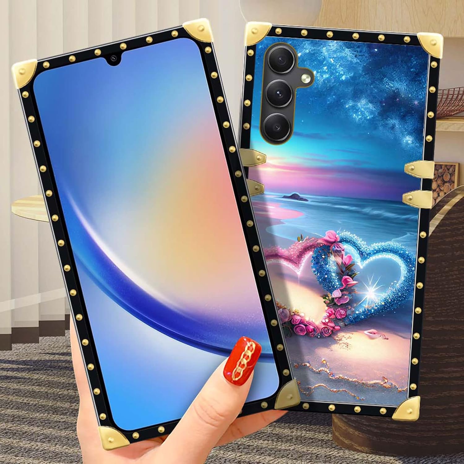DAIZAG Funda compatible con Samsung Galaxy A14 5G Romántica Playa Parejas Love Phone Case Golden Square Soft TPU a prueba de golpes Funda protectora