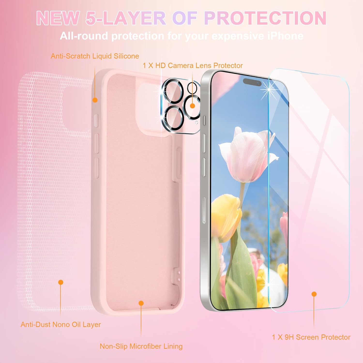 ACOSTETE Funda para iPhone 15 Pro Max, con protector de pantalla + protector de lente de cámara goma de silicona líquida a prueba de golpes forro de