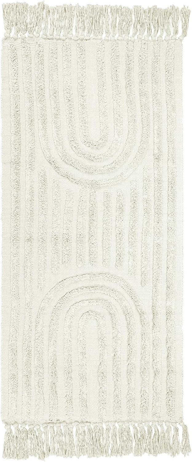 Lanffia Alfombra bohemia de camino de cocina, 2 x 4.3 pies, color beige, tejida y lavable, alfombra de algodón con borlas, moderna alfombra de baño