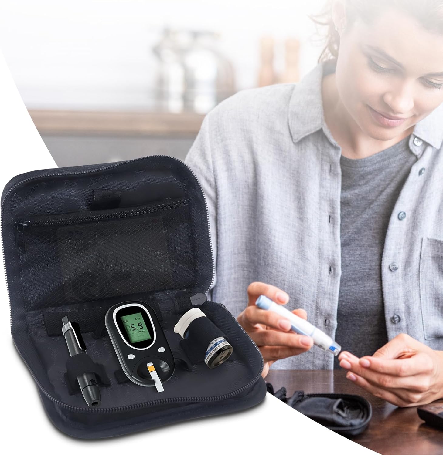 Hooshion Kit de estuche organizador para diabéticos, kit de prueba de diabetes, bolsa de almacenamiento para medidor de glucosa en sangre, estuche