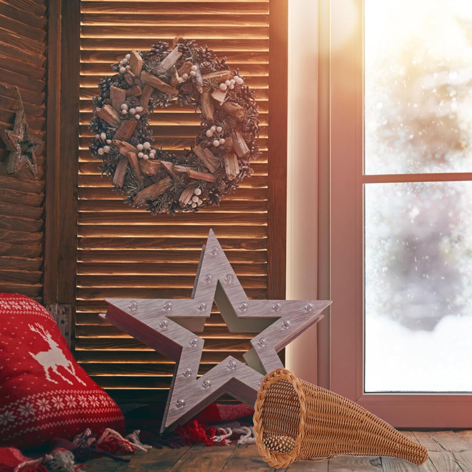 GANAZONO Cesta de cuerno de cornucopia de mimbre de Acción de Gracias, cesta de cosecha, decoración de otoño, cesta de mimbre, cesta de mimbre para