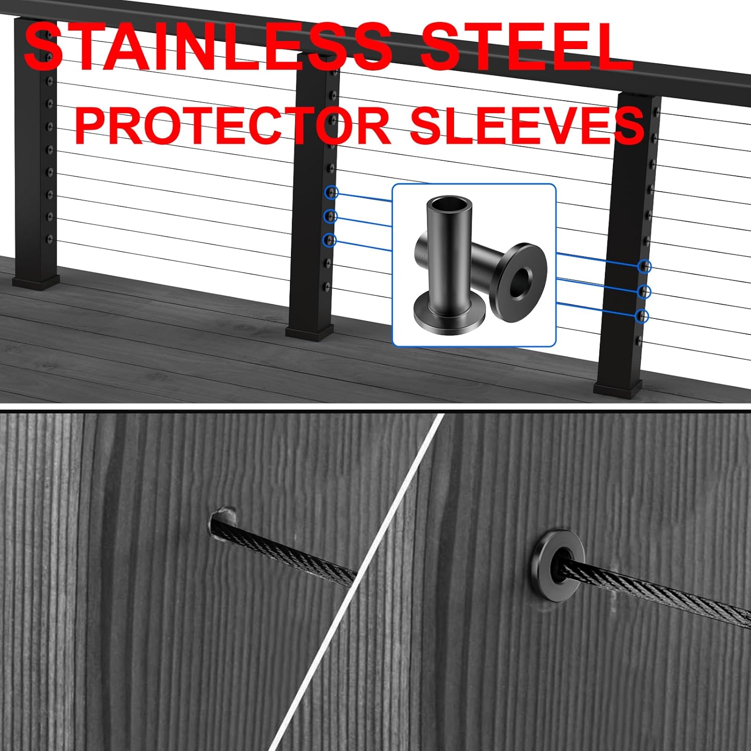 BLIKA Paquete de 100 fundas protectoras de acero inoxidable negras para barandillas de cable de cubierta de 18 pulgadas, 532 pulgadas o 316