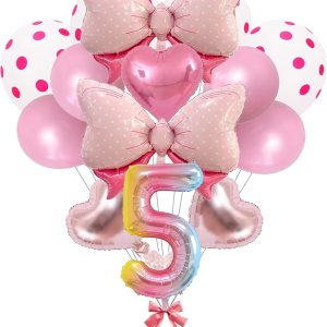 14 globos de fiesta de ratón, con lazo rosa, globos metálicos de papel de aluminio rosa intenso, incluye globo de cumpleaños del número 5, arco 14 globos de fiesta de ratón, con lazo rosa, globos metálicos de papel de aluminio rosa intenso, incluye globo de cumpleaños del número 5, arco