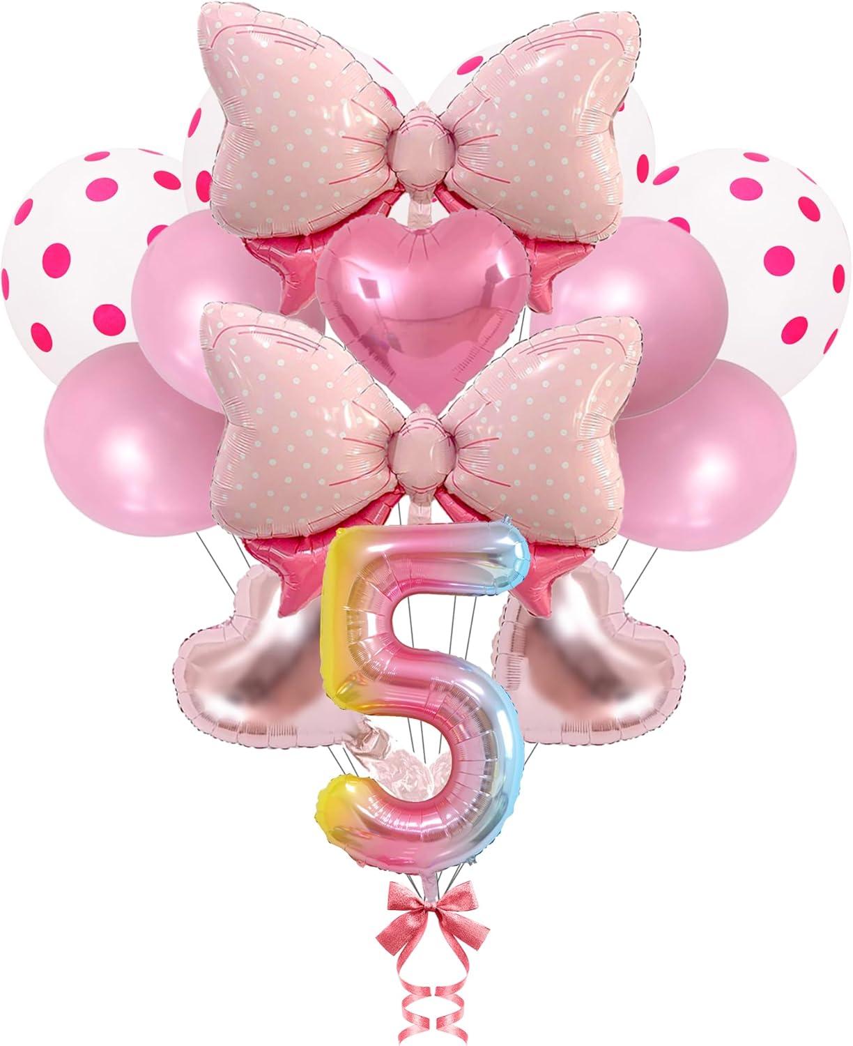 14 globos de fiesta de ratón, con lazo rosa, globos metálicos de papel de aluminio rosa intenso, incluye globo de cumpleaños del número 5, arco