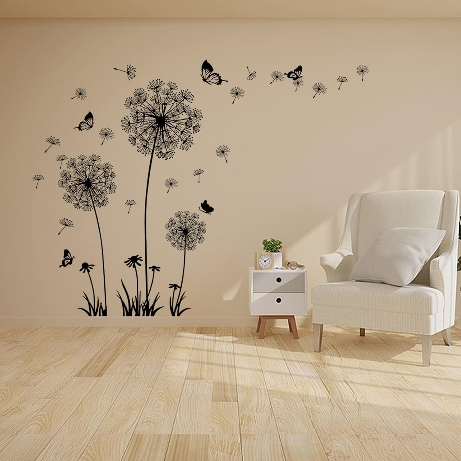 DUCTIAIARY Adhesivos autoadhesivos de pared de diente de león y mariposa para sala de estar, sofá, dormitorio, fondo, calcomanías decorativas (2