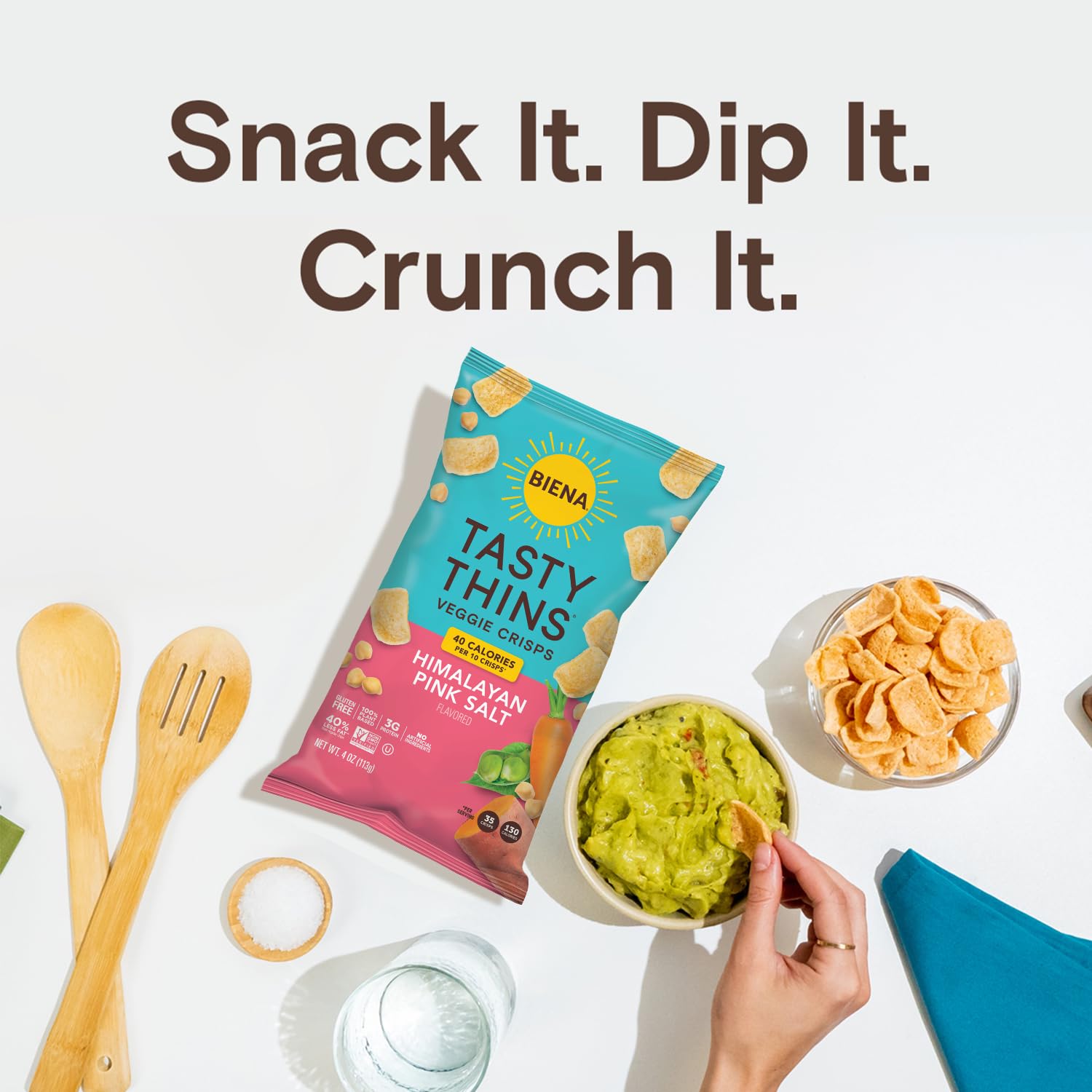 BIENA Tasty Thins – Chips vegetales de garbanzos  Sal marina, paquete de 4, bolsas de 4 onzas  Garbanzos y verduras, veganos, sin gluten, sin