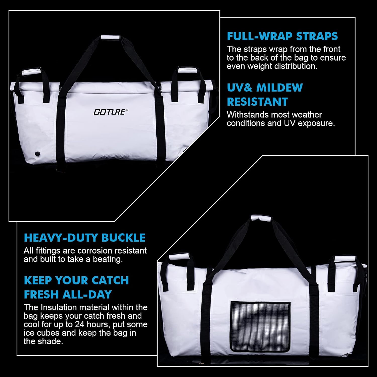 Goture Bolsa enfriadora de peces aislada, bolsa de pesca a prueba de fugas, bolsa enfriadora de pesca grande portátil para lona al aire libre con