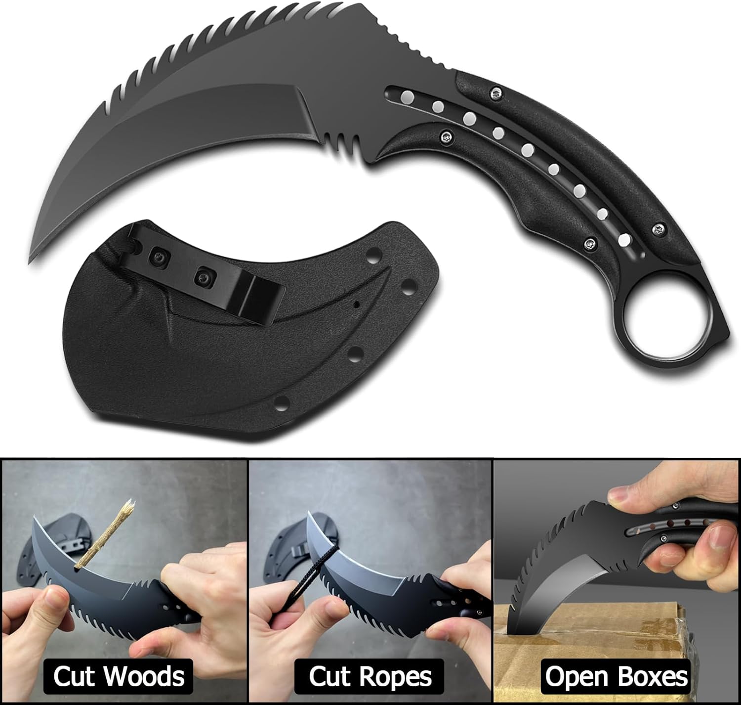 AULAKNIV Cuchillo de garra Raptor de borde dentado de 8.1 pulgadas, cuchillo táctico de hoja fija de espiga completa con funda y clip Kydex,