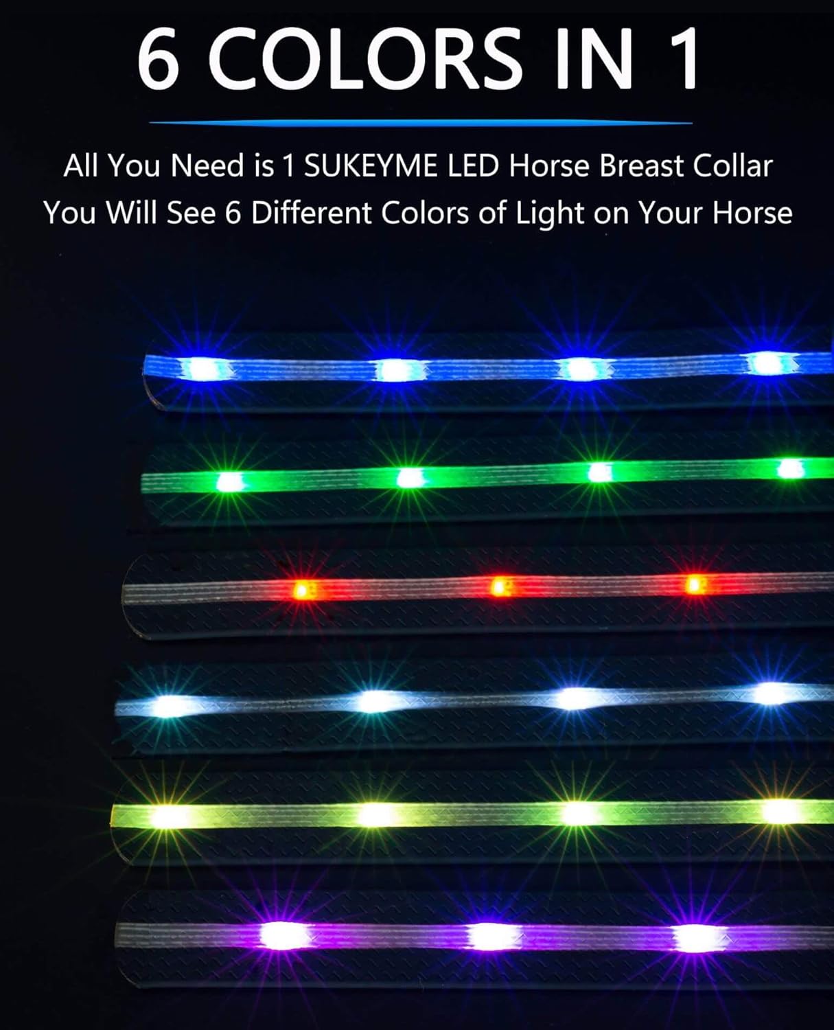 Collar de pectoral de caballo LED, 6 colores en 1 con luz para caballo, arnés LED recargable por USB, visibilidad y seguridad añadida para montar a
