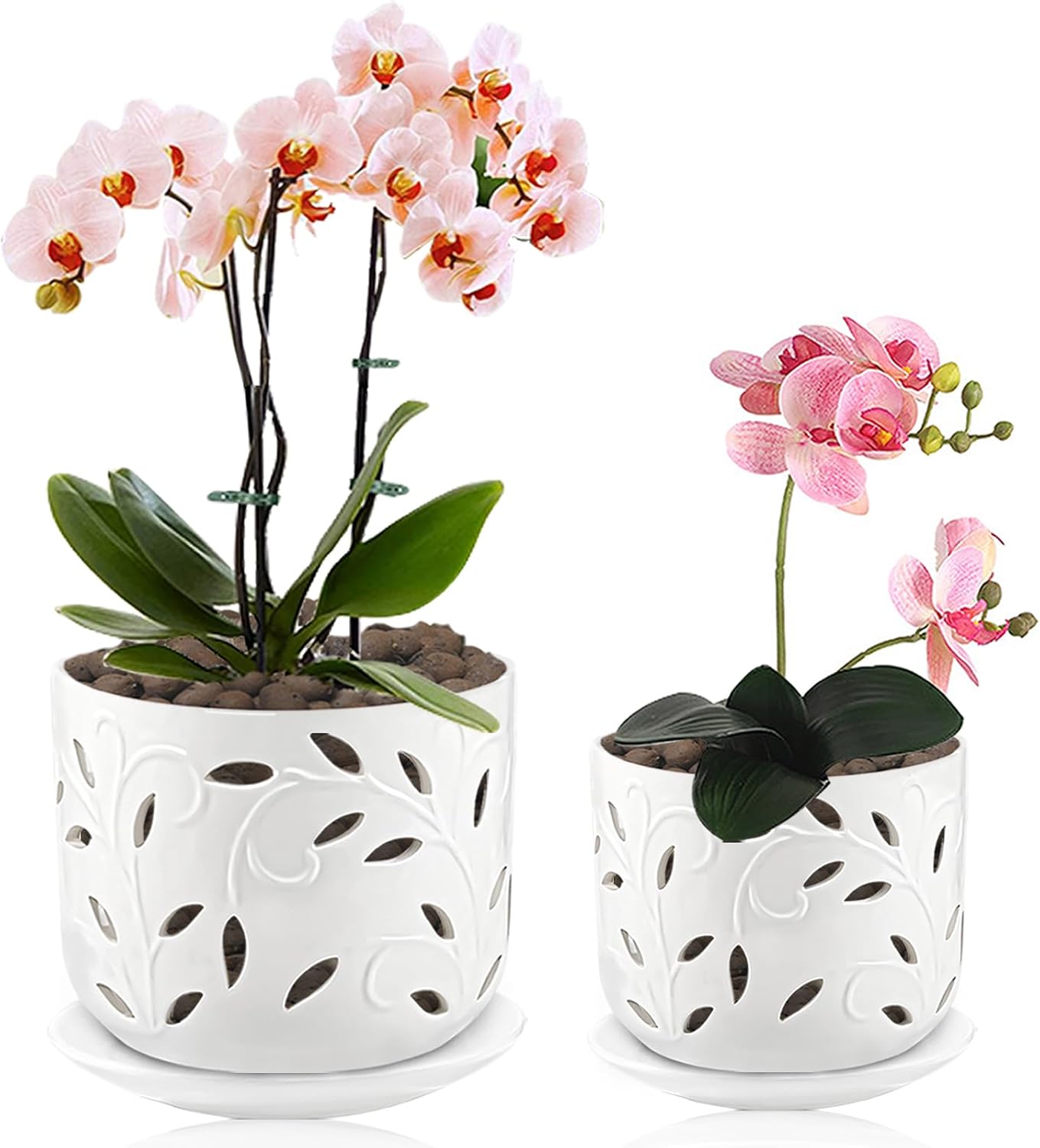 EFISPSS Maceta de orquídea con agujeros, macetas de cerámica de 5+6 pulgadas con agujeros de drenaje y bandeja, promueve el crecimiento de plantas