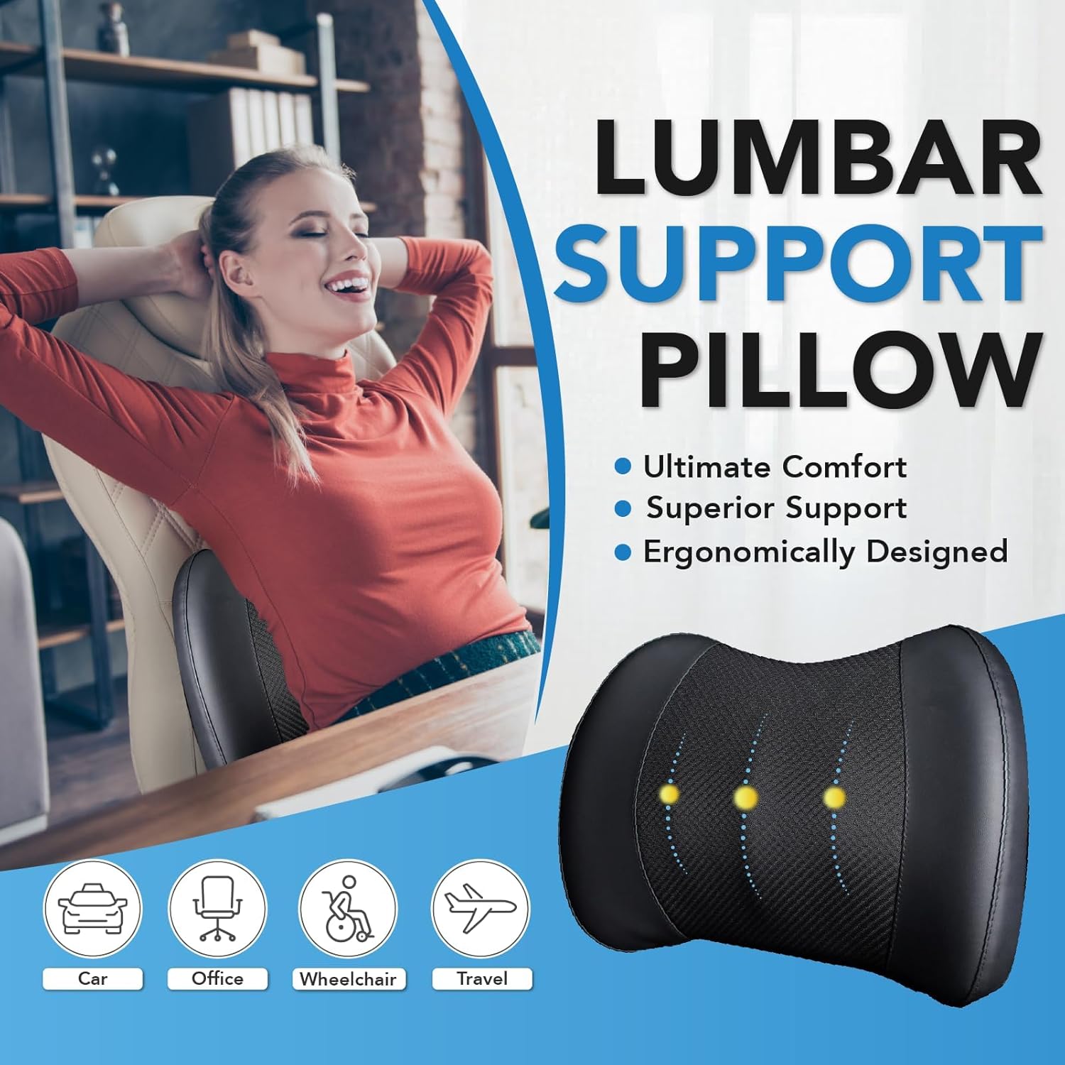Almohada de apoyo lumbar almohada lumbar de espuma viscoelástica para aliviar el dolor de espalda baja – Cojín de respaldo de coche para conducir –