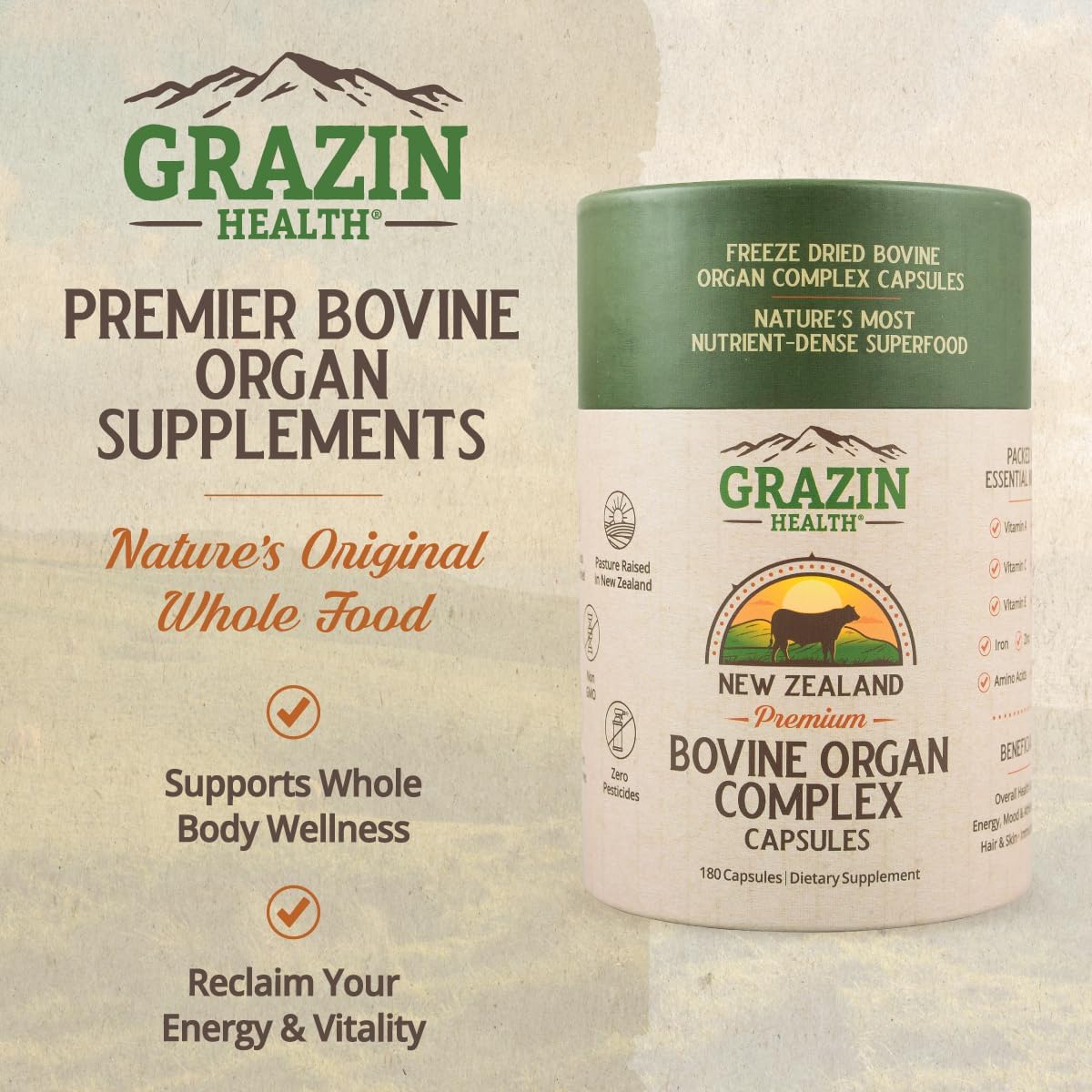 Grazin Health – Complejo de órganos bovinos alimentados con pasto hígado, bazo, riñón, corazón, páncreas (600 mg por órgano por cápsula), 3000 mg