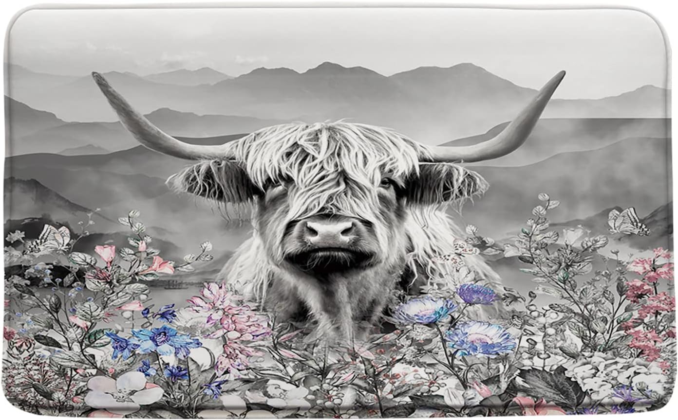 Alfombra de baño de vaca de las tierras altas de granja, diseño de animales de granja divertidos, retrato de cuerno largo, rosa, floral, rústico,