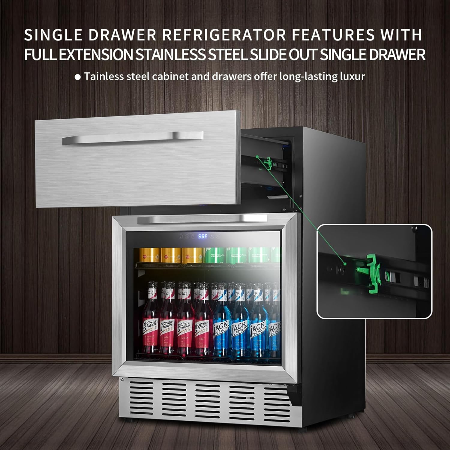 Karcassin Refrigerador de bebidas 2 en 1 de acero inoxidable para interiores de 24 pulgadas, con pantalla digital para uso doméstico y comercial