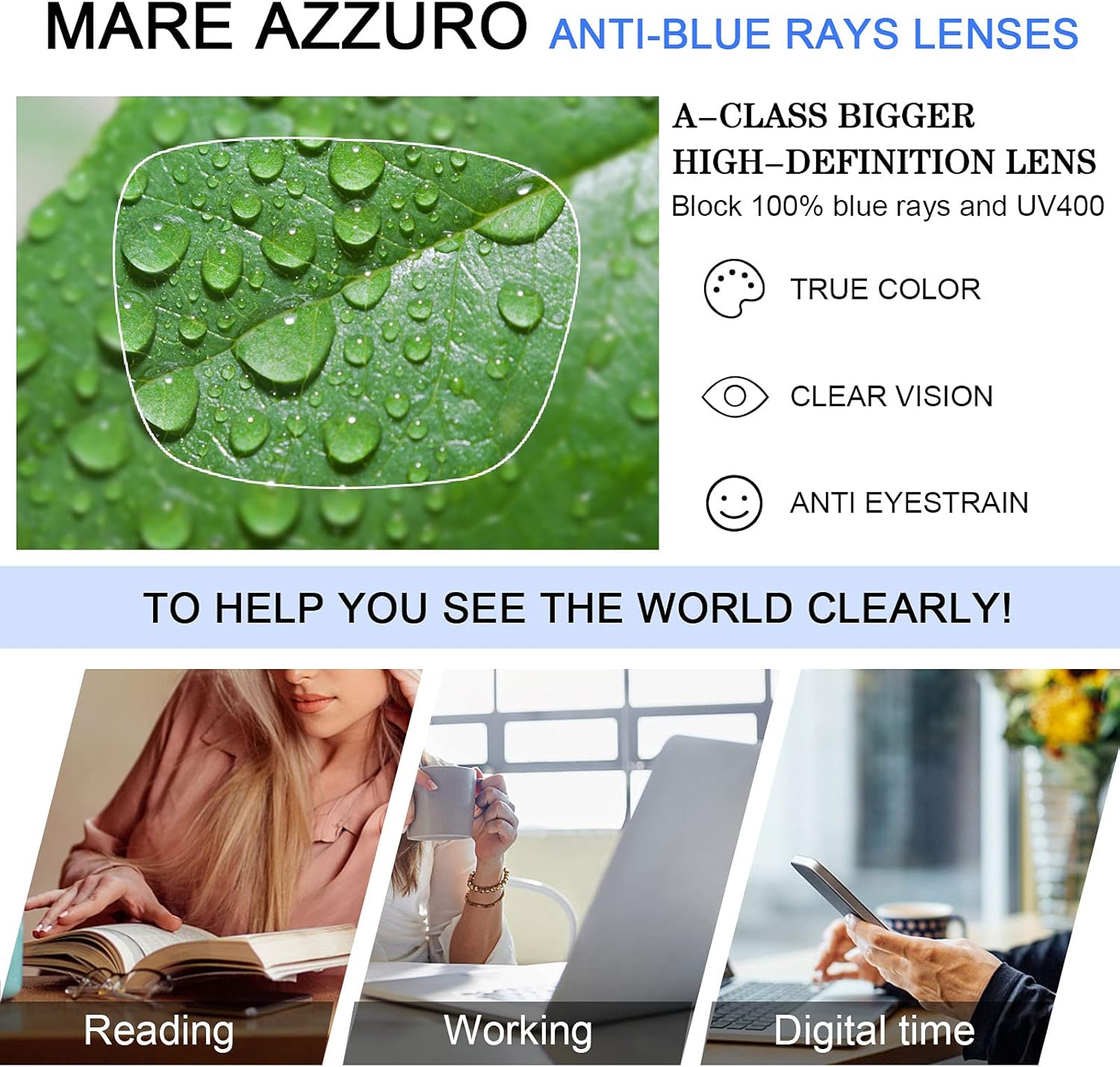 MARE AZZURO Lentes de bloqueo de luz azul para computadora para mujer, elegantes gafas de pantalla para uso en computadora
