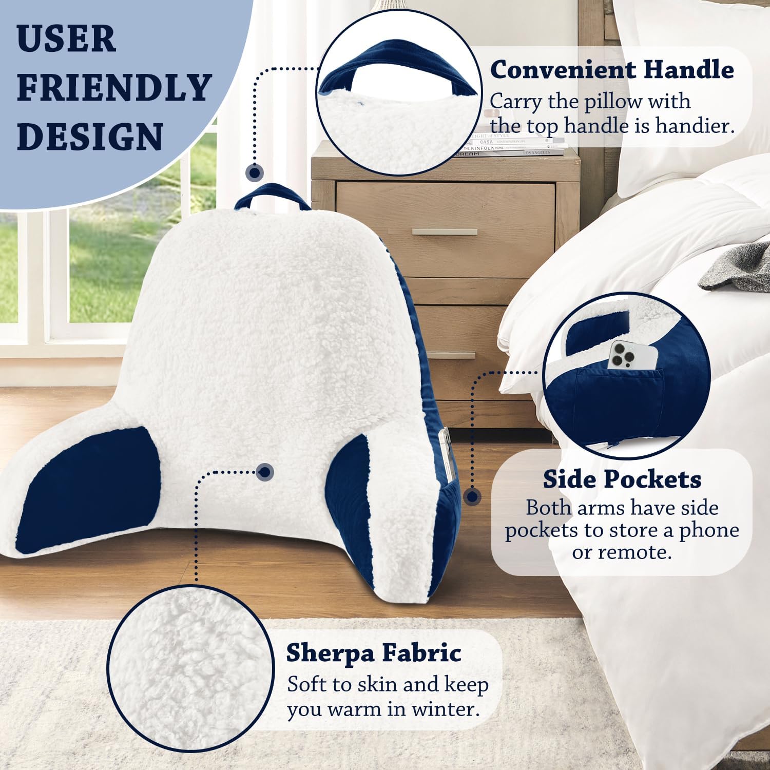 LOVTEX Almohada de lectura con funda extraíble, almohada de espalda para sentarse en la cama con brazos y bolsillos, almohada Sherpa para adultos,
