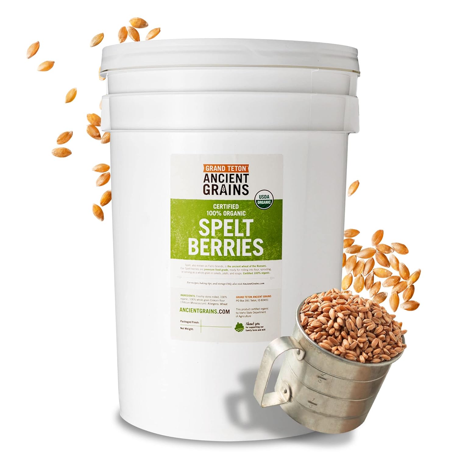 Grand Teton Ancient Grains – Bayas de espelta 100% orgánicas, espelta de grano orgánico Farro cultivada en Estados Unidos en un súper cubo de 6