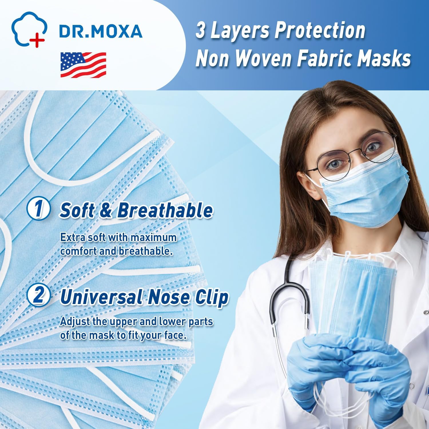 Paquete de 500 mascarillas médicas desechables transpirables de 3 capas para protección, color azul, fabricadas en Estados Unidos