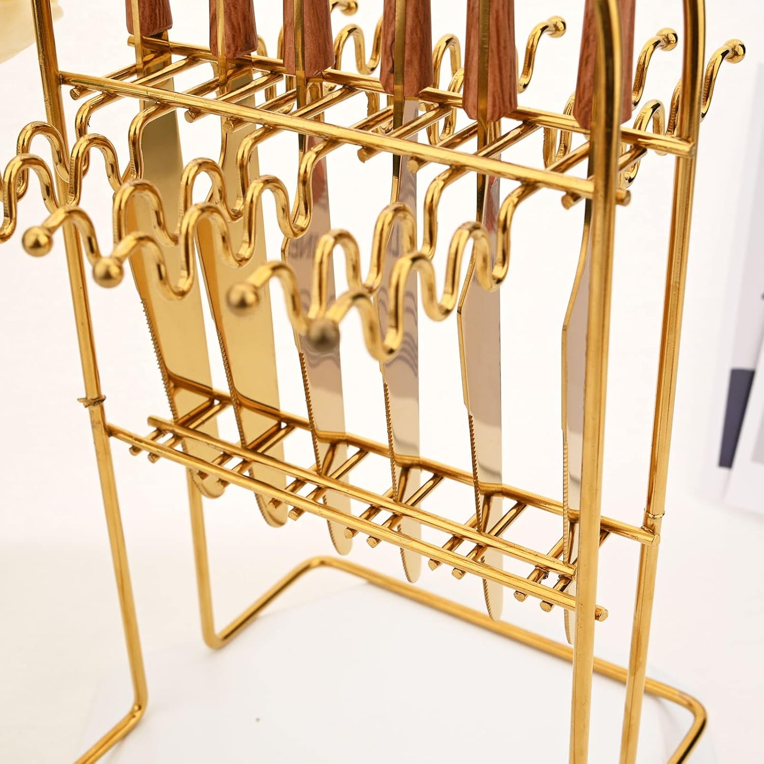 Juego de cubiertos colgantes de 24 piezas con soporte para cubiertos, cubiertos de acero inoxidable con mango de madera, utensilios de cocina para