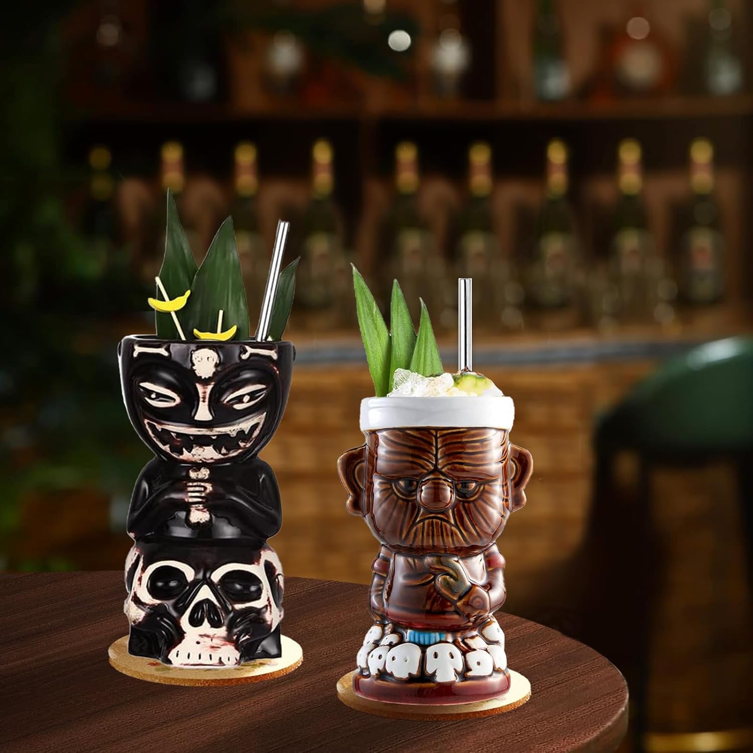 Juego de 4 tazas Tiki para cóctel, vasos de cerámica Tiki para fiesta de estilo hawaiano, vasos tropicales para barras Mai Tai, Luaus y Tiki.