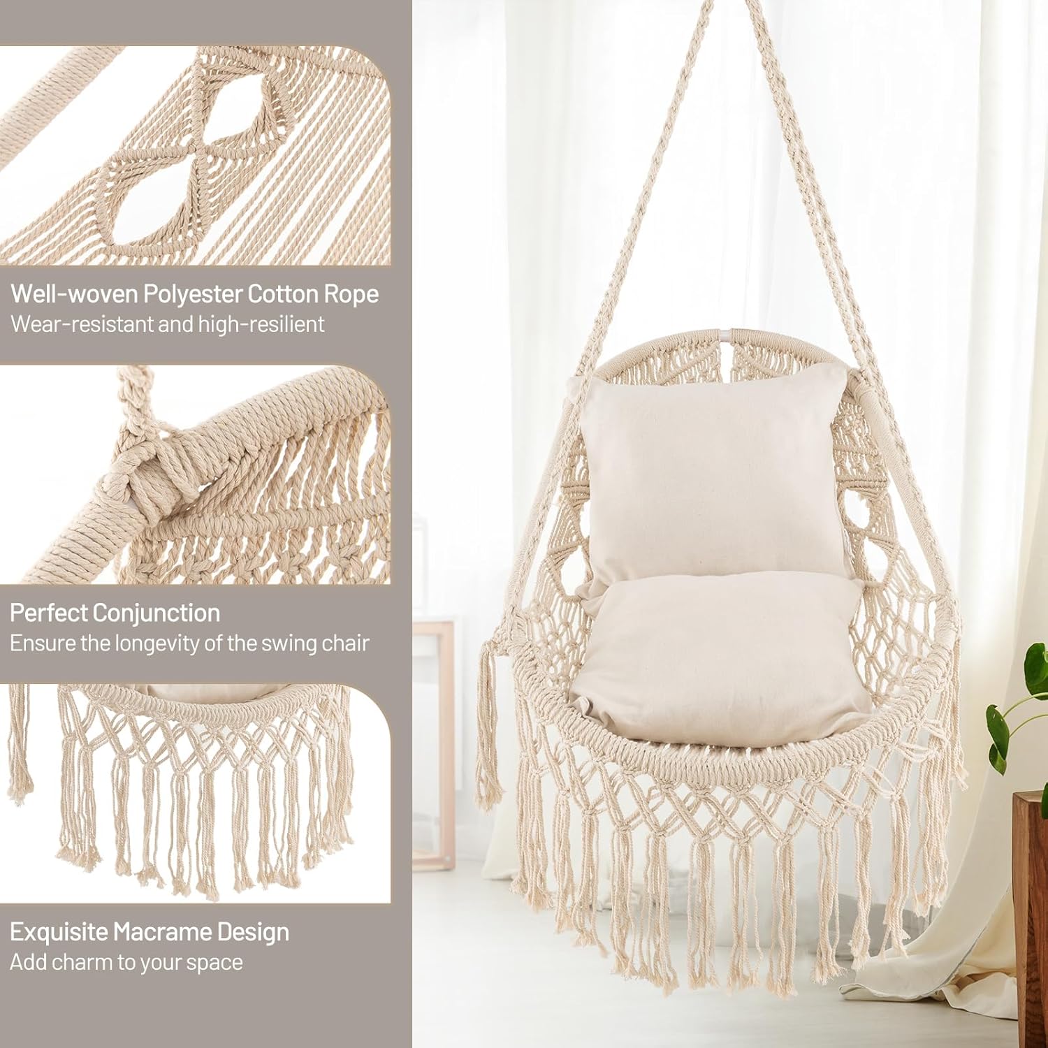 Giantex Silla columpio de macramé, columpio colgante de porche con cojines de asiento suaves, cuerda de algodón y kits de herramientas, soporta