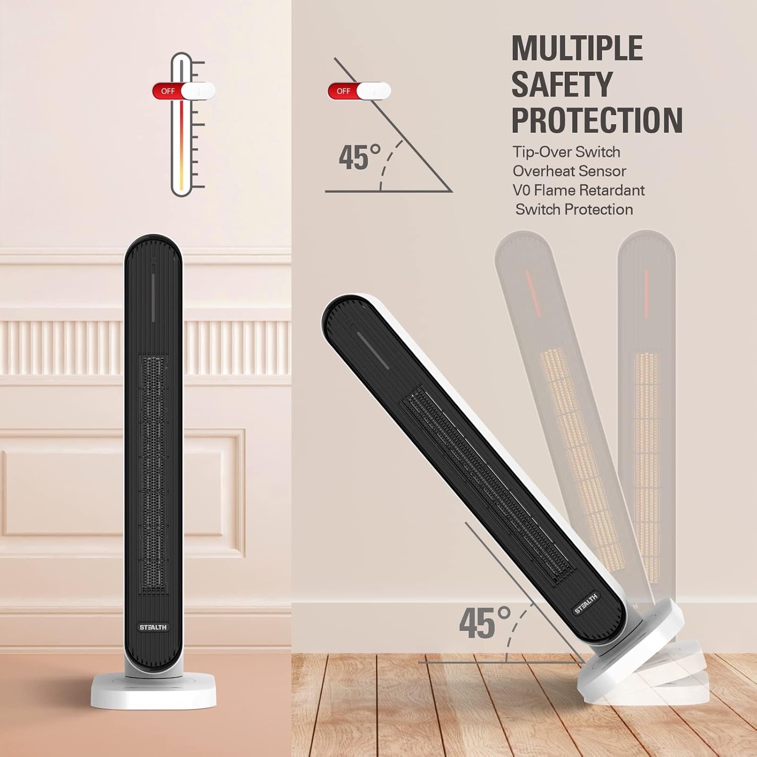 STEALTH Calentador de espacio de 32 pulgadas, calentador eléctrico con ventilador de torre 4 modos, temporizador de 6 horas, seguridad rápida, calor
