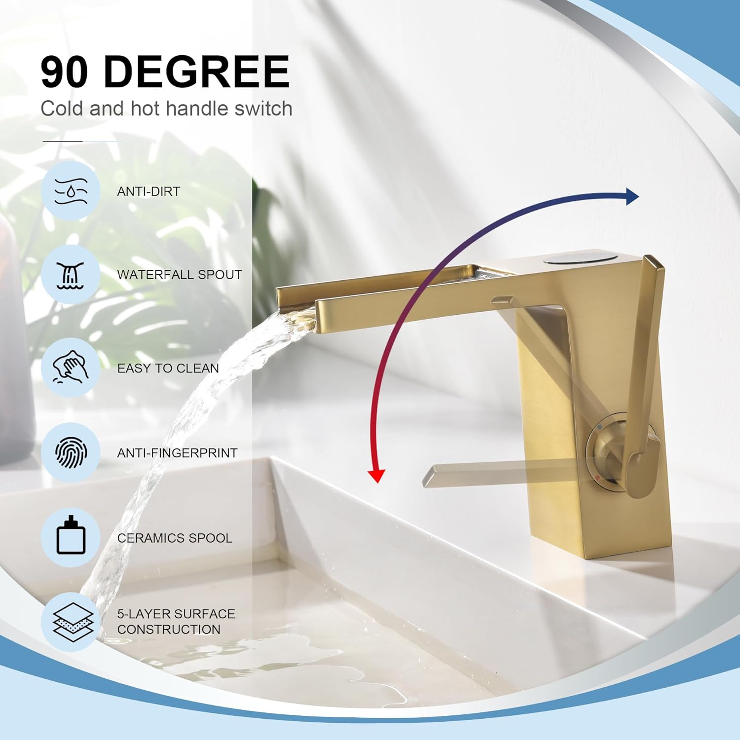 Grifo del lavabo del baño, pantalla de temperatura LED, energía hidráulica dorada cepillada, grifo de latón de una sola manija sin plomo comercial