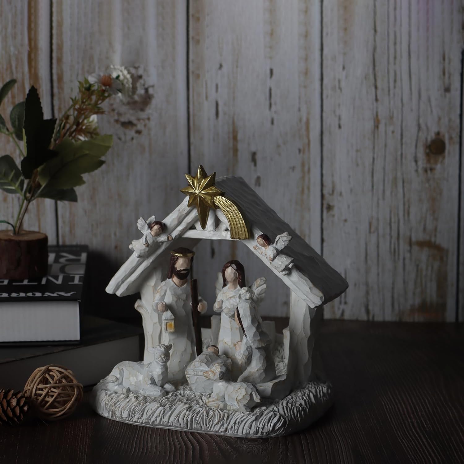 Juego de Belén para interiores, juego de Belén con tira de luces LED, Belén interior con pesebre, juegos y figuras de Belén, decoraciones para