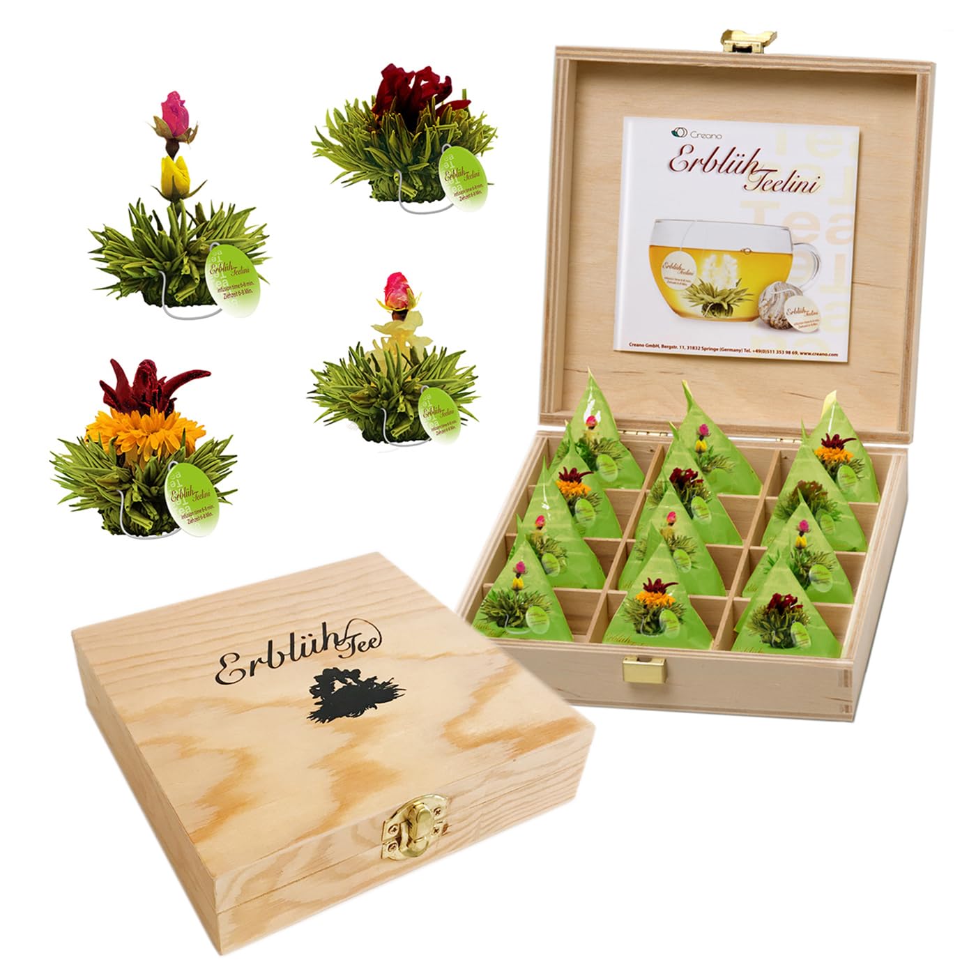 Creano Flores de té en tamaño de taza, juego de regalo en caja de té de madera, 12 té verde en flor en 4 variedades, regalo para mujeres, madres,