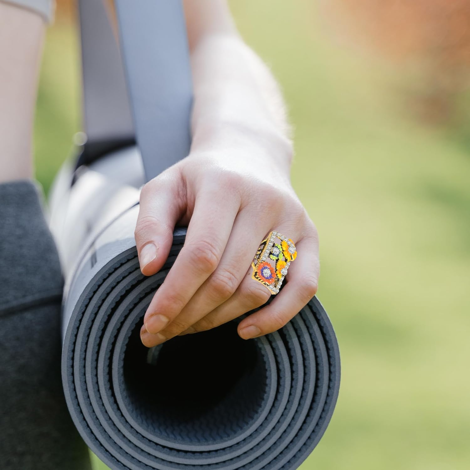 Unique Big Rectangle Resin Enamel Flower Wide Funky Ring,Handmade Floral Full Finger Chunky Long Ring,Yellow Gold Plated Large Square Cocktail Party