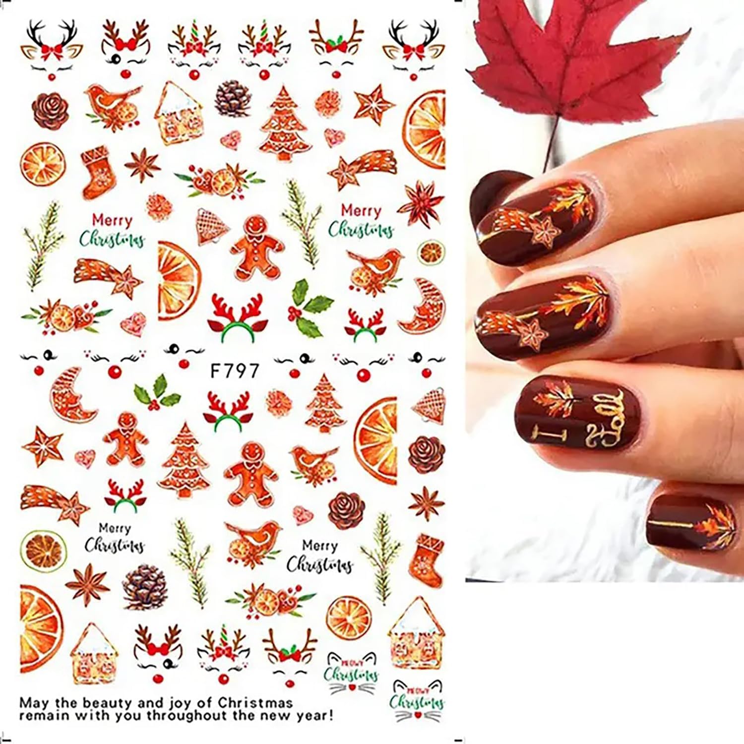 5 hojas de calcomanías de uñas de otoño, hojas de arce, ardilla, alce, grabadas en relieve, calcomanías de arte de uñas de Acción de Gracias,